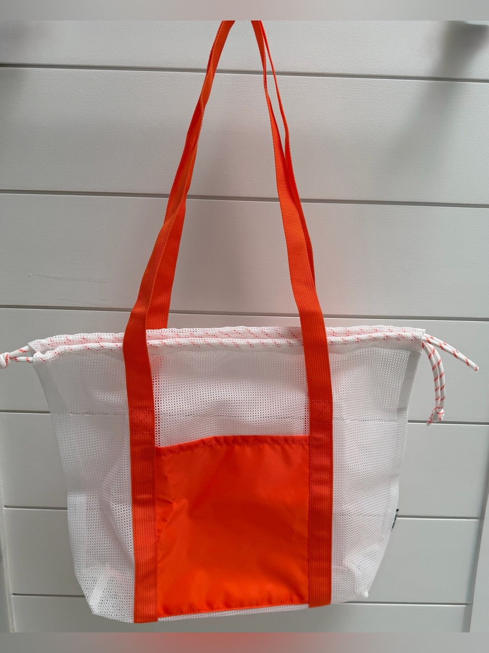 White & Orange Mesh Tote Bag with Front Pocket